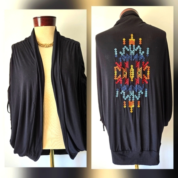 ROCK & ROLL COWGIRL Black Open Front Sweater with Colorful Embroidery Back.Small - Picture 1 of 13